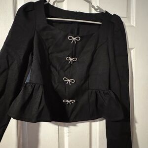 SHEIN Black Peplum Blazer with Rhinestone Bow Buttons